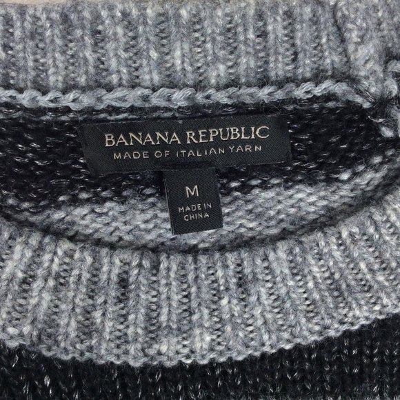 Banana Republic Wool Sweater Women Medium Black Gray Striped Italian Yarn Chunky - Picture 7 of 8